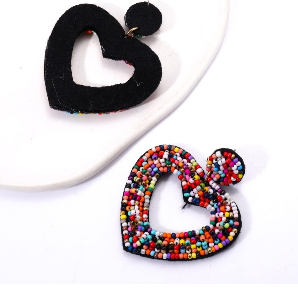Colorful Beaded Heart Earrings - Picture 3 of 5